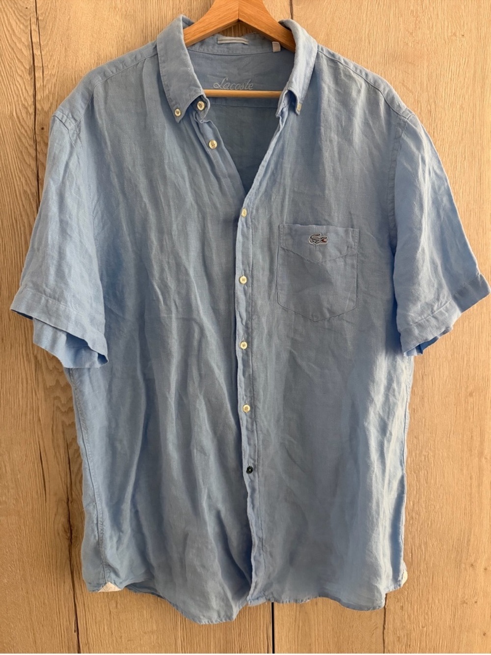 Lacoste linen light blue short sleeve button-down shirt